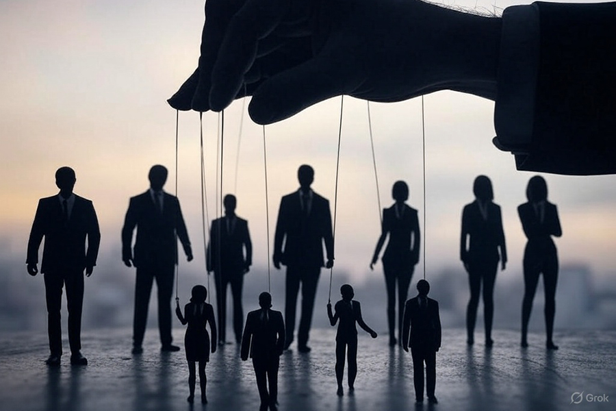 hand holding marionette strings business people