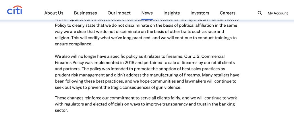 Citibank firearms policy