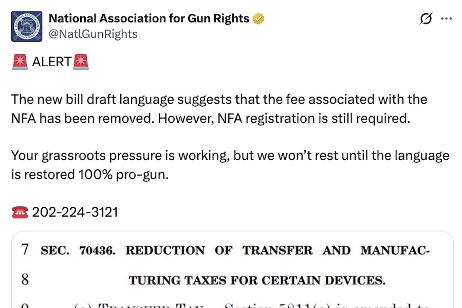 NAGR National Association for Gun Rights tweet NFA $200 tax stamp One Big Beautiful Bill Senate reconciliation
