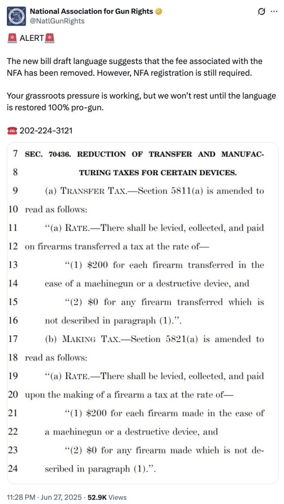NAGR National Association for Gun Rights tweet NFA $200 tax stamp One Big Beautiful Bill Senate reconciliation