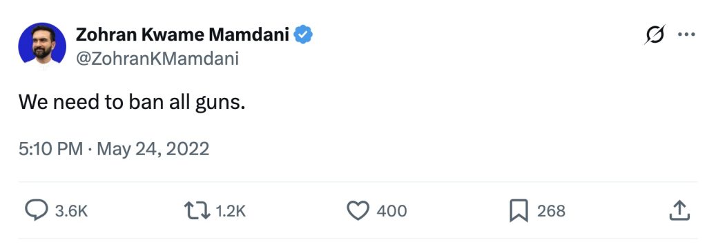 Zohran Mamdani tweet ban guns
