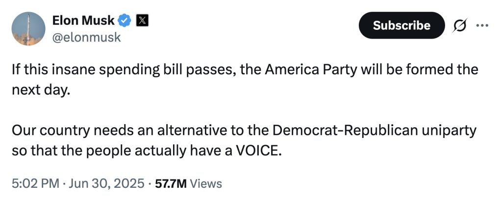 Elon Musk BBB Big Beautiful Bill tweet America Party