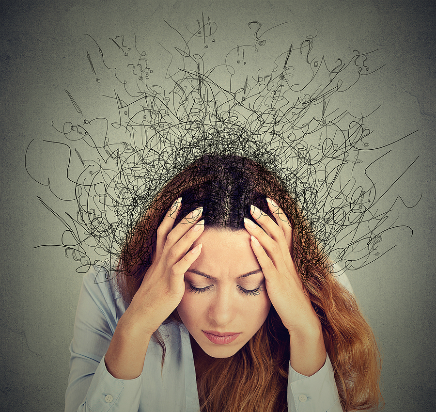 so confused brain overload woman hands on head