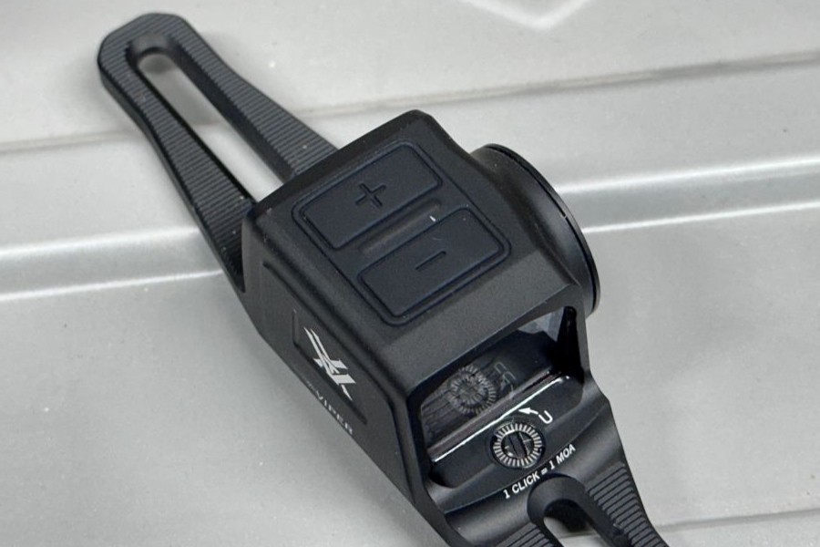 The top of the Vortex Viper optic showing the large control buttons.