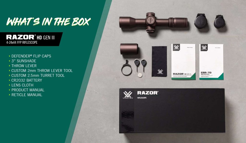 Vortex Razor Gen III 4-24x44 what's in the box. 