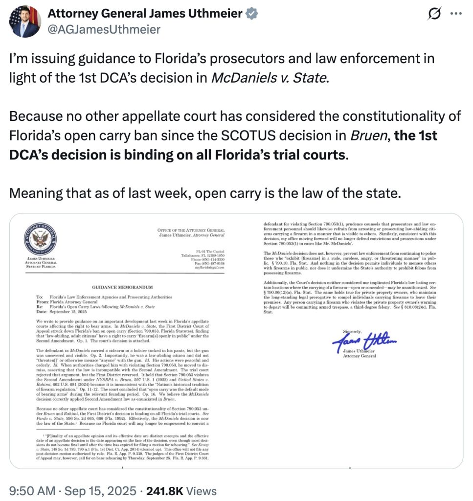 Uthmeier tweet Florida open carry