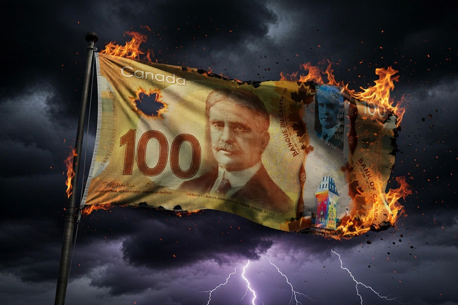 canadian dollar bill currency on fire burning grok