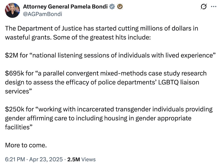 Pam Bondi DOJ grant tweet