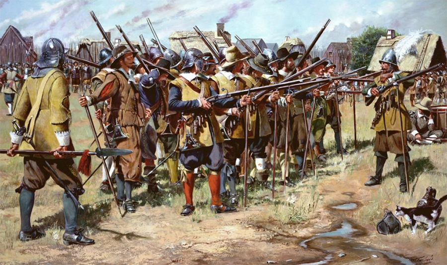 A depiction of an early militia muster in colonial America.
