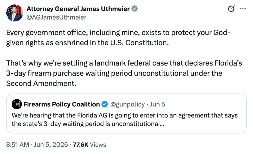 Florida AG James Uthmeier tweet 3-day wait period