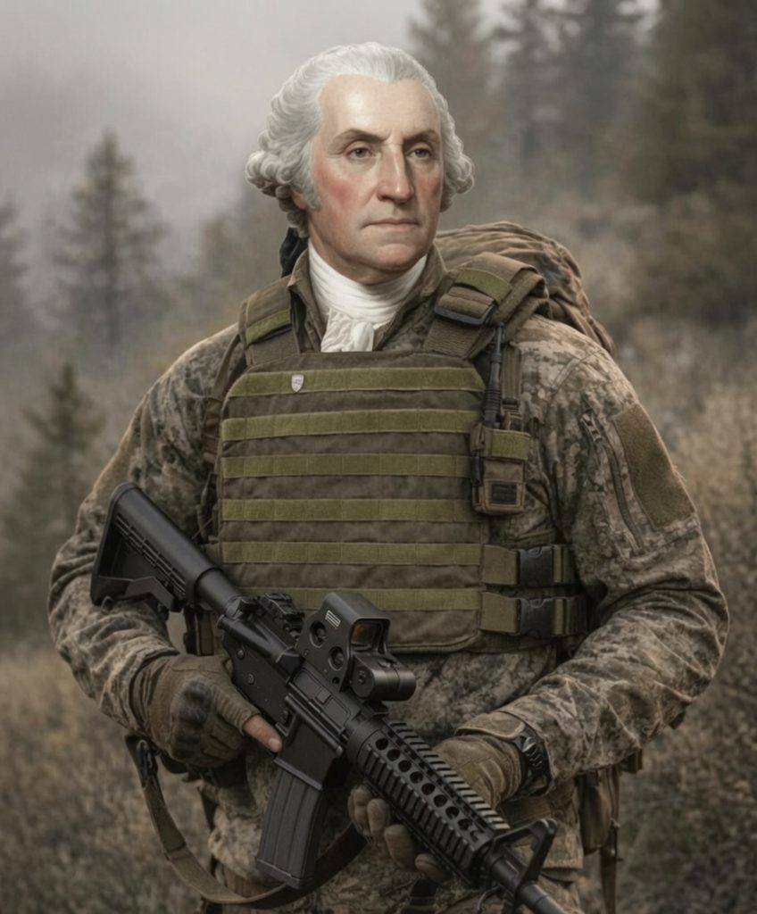 George Washington in tactical gear with AR-15 rifle GROK