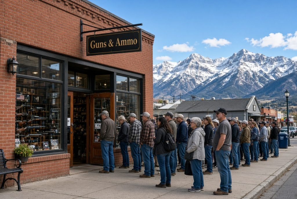 gun store line of customers rocky mountains colorado grok
