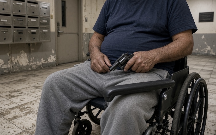 man in wheelchair with gun grok